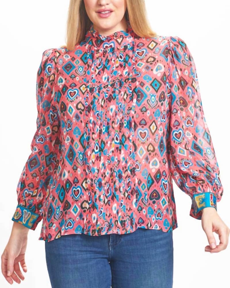 Front of a model wearing a size L Melissa Blouse Pink in Pink Multi in Pink Multi by EMILY LOVELOCK. | dia_product_style_image_id:334643